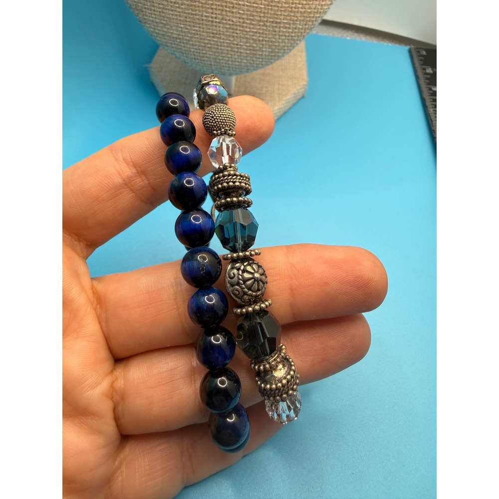 Blue Tiger Eye Beaded Bracelet Set Silver Tone Toggle Clasp Boho Stretch‎ 2pc